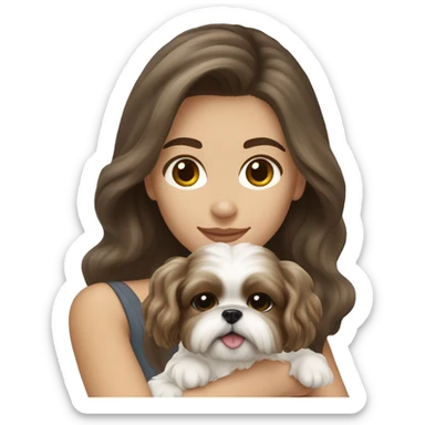 Young brunette hair woman with a cream shih tzu in her arms long wavy hair sticker