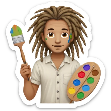 man artist with dreadlock, holding painter and color pallete sticker