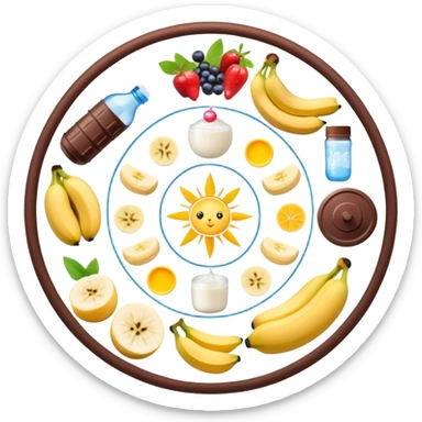 Magical daily routine wheel: water bottle, sun, chicken and rice, banana and shake, dumbbell, yogurt, chocolate and fruits, and moon symbol arranged in a wheel pattern with glowing connections between each element sticker
