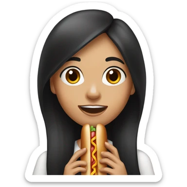 girl with long black hair, brown eyes, eating hot dog sticker
