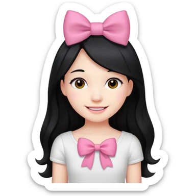 Girl with long black hair with pink bow only on the hair white top sticker