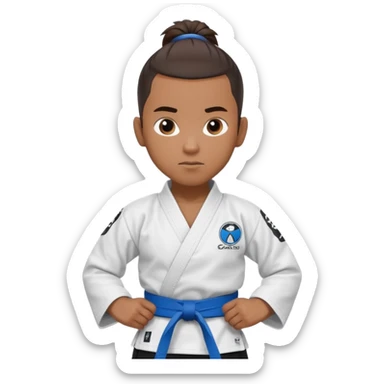 black karate instructor with ponytail and a low taper haircut, and a small fade on the sides with a blue belt and roger Gracie academy logo on the gi sticker