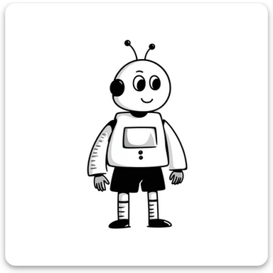 Hand-drawn android robot with antennas and friendly face sticker