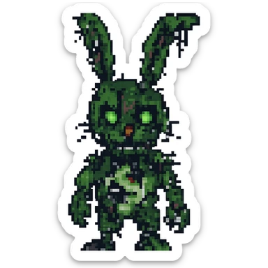 Increase the damage on Springtrap, add more rips, missing chunks, and visible endoskeleton in pixel art style. Remove background. sticker