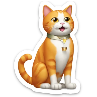 An orange cat with a white belly and white feet and some white on his face and chest carrying a champagne bottle at a party sticker