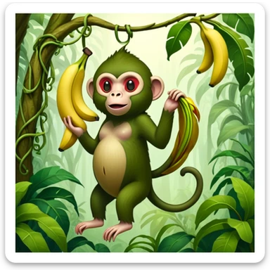 A surreal hybrid creature that is half monkey (top) and half banana (bottom). Green monkey with red facial features on top, and an opened banana peel forming the lower body. Set in a jungle with hanging vines and soft light filtering through trees sticker