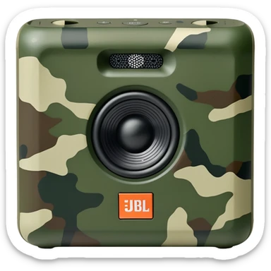 JBL Go 4 speaker in army camouflage print, minimal design aesthetic, compact speaker with simplified details, military pattern sticker