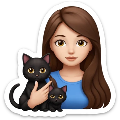 pretty girl with brown long hair and makeup, black kitten sitting beside her, emoji style sticker