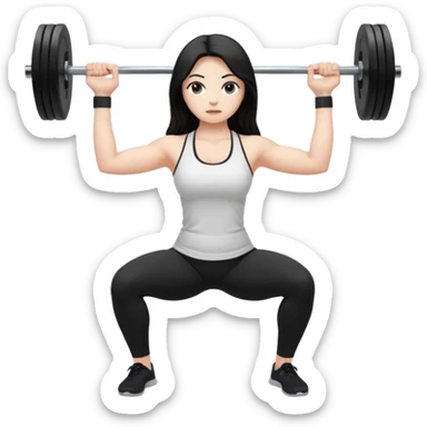 Девушка белокожая, с длинными темными волосами, в одежде для йоги - черные лосины, белый топ, делает присед со штангой 100 килограмм, правильные пропорции тела, только человек sticker