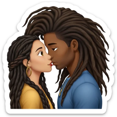 Latina Woman with long hair kissing a young black guy with dreads chin hair sticker