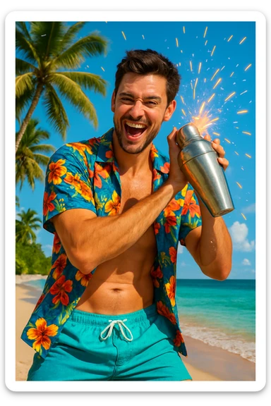 human male Unbuttoned Hawaiian shirt, swim trunks, shaking a cocktail shaker (sparks flying) sticker