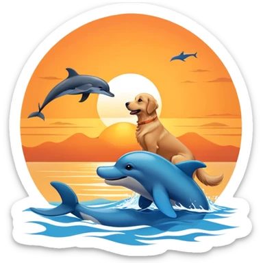 Dog and sunset with dolphin  sticker