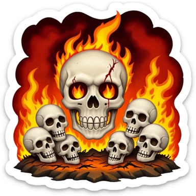 A burning hell landscape in the style of rott8ng corpses in the style of your bloody skull art sticker
