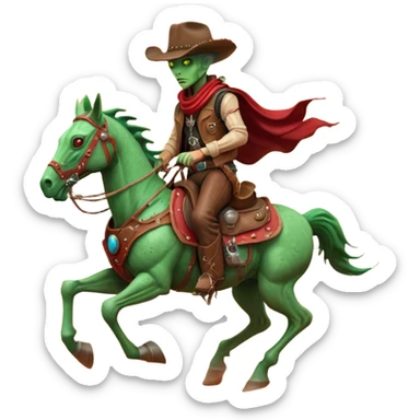 An alien cowboy riding a mechanical horse across a red Martian desert, two moons in the sky, dust storm swirling, wide cinematic shot, dramatic composition, hyper detailed, sci-fi western fusion sticker