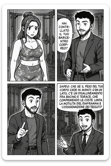 TRASFORMA QUESTO CAROSELLO IN UN FUMETTO STILE MANGA CON QUESTE DUE PERSONE IDENTICHE CHE INTERLOQUISCONO TRA LORO:

LEI: Ho la cellulite anche se mi alleno e mangio bene, cosa posso fare?

LUI: Hai controllato il tuo baricentro corporeo?
LUI: Sapevi che se il peso del tuo corpo cade in avanti o da un lato, c’è un disallineamento fra bacino e torace, che comprimendo le coste, limita la motilità del diaframma e l’ossigenazione dei tessuti?
LUI: Il mio è il primo e unico percorso che lavora sugli inestetismi con un lavoro mirato sul baricentro corporeo. sticker