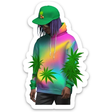 Hemp leaves Multicoloured neon person smoking wearing hoodie dancing hip hop bucket hat tropical Skater fashion aesthetic baggy clothes graphic t shirt 420 sticker