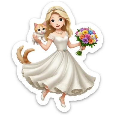 White woman - long hair - white wedding dress - holding a kitten - happy - jumping - fashionable - elegant - bouquet - dreamy - colorful - pearl accessories sticker