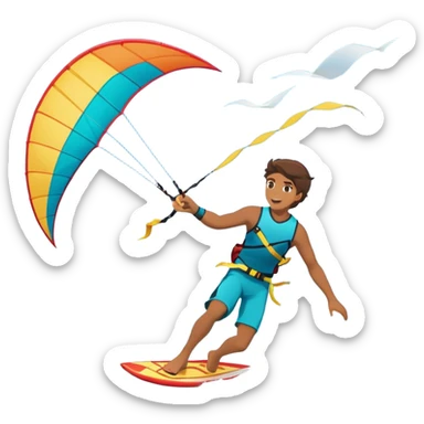 A kite surfer soaring above the waves, holding onto a kite with the wind in full force. The background showcases the ocean and sky, emphasizing the freedom, thrill, and energy of the sport. The motion of the kite and board is dynamic, capturing the excitement of kiting. sticker