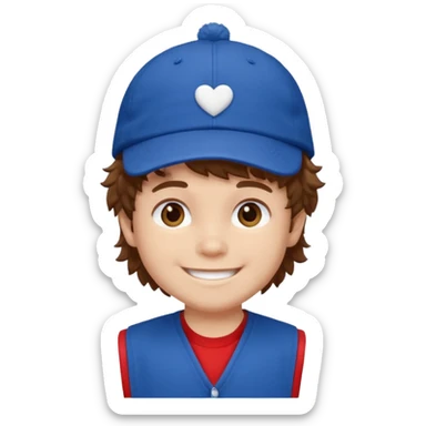 brown fluffy hair kid with blue and white cap dark blue jilet red t shirt sticker