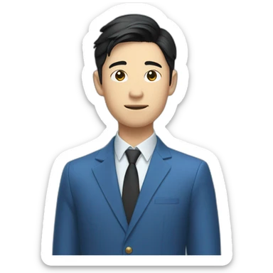 young asian deputy in blue suit and very short black hair waves his hand sticker
