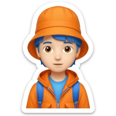 A little student with bucket hat, orange jacket, blue backpack sticker