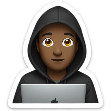 a man wearing a black hoodie behind a laptop screen sticker