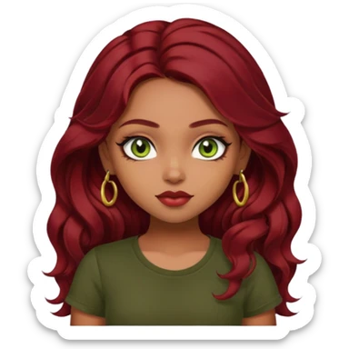 a pretty FAIR indian bratz girl with wavy dark red hair, wearing a black tee. eyeliner on, olive green eyes.  sticker