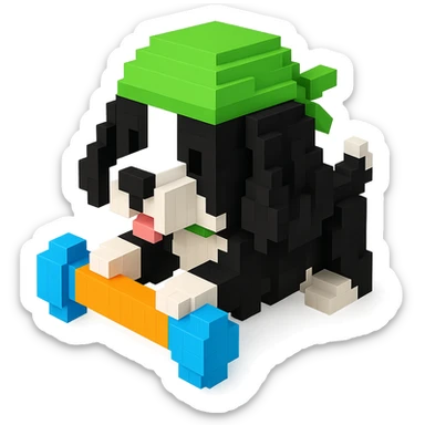 A black and white Russian Cocker Spaniel puppy wearing a green durag, voxel style, playing with a toy sticker