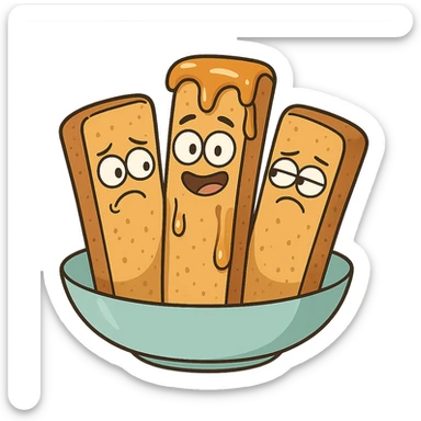 french toast sticks, with syrup drizzle, cartoon style, white background sticker