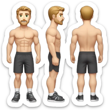Full height Pale skinned muscular man With Realistic eyes and mouth, light brown hair and stubble In dark gray sleeveless mike, black oversize sports shorts, watch and white sneakers. sticker