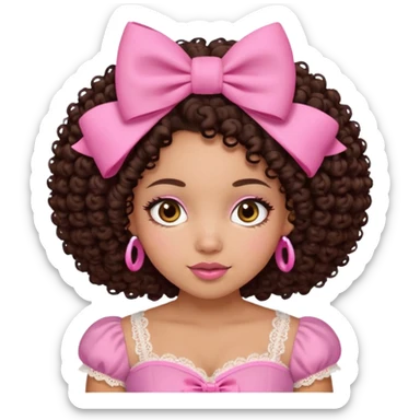 medium-light kinned afro-latina girl with medium length chocolate brown side part curly hair, brown eyes, pink sweetheart necklined top with lace, round wide-ish nose, chubby long shaped face, pink bow sticker