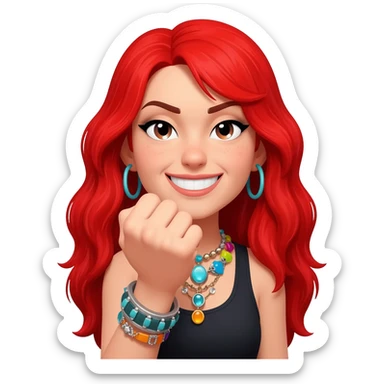 Not showing finger but fist on mouth and blowed mouth....she is red hair and tacky jewellery and cool....the hand is on her mouth and she is smirking and long hair sticker
