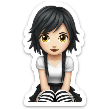 Frontal view curvy emo girl sits white skirt striped stockings hands up sticker