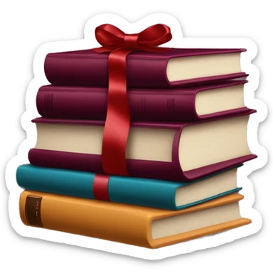 A stack of books is burgundy a ribbon sticker