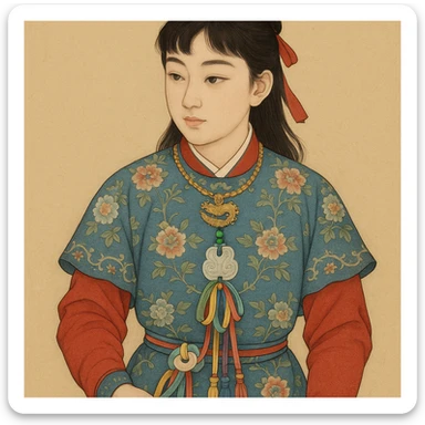 Jia Baoyu, face like the mid-autumn moon, complexion like spring dawn flowers, hair like cut by a knife, eyebrows like ink painting, nose like hanging gallbladder, eyes like autumn waves, wearing golden dragon chime necklace on neck, five-colored silk ribbons tied with beautiful jade, dressed in bright red arrow sleeves, outerwear of stone blue floral eight-group satin with tassels, waist tied with multicolored silk flower knot long tassel palace ribbon, in Chinese traditional style illustration sticker