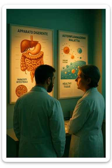 In italiano Realistic, detailed photo taken from behind of two doctors—a bearded man and a middle-aged woman—standing side by side in a modern medical office, intently studying a large, illuminated medical chart on the wall. The chart displays a detailed diagram of the human digestive system, highlighting the intestines and showing microscopic images of intestinal parasites. Next to it, another chart illustrates the immune system attacking healthy tissues, visually connecting gut parasites to autoimmune disease mechanisms. The room is bathed in a single green-blue color, with a warm, yellow-orange light casting soft shadows around the doctors. Both wear white coats and have serious, focused expressions, suggesting a deep discussion about the root causes of autoimmune conditions. Shot with a Canon EOS R5, with high detail, natural depth of field, and a clinical yet dramatic atmosphere. sticker