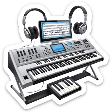 Create a professional and artistic emoji that represents writing music tracks. The design should feature a large monitor displaying musical notes or a score, positioned in front of a professional Korg synthesizer. Add elements like studio headphones, a MIDI keyboard, and an audio interface to symbolize the tools used in music production. Use sleek, modern colors like silver, black, and neon accents to convey the professional environment of music composition. The background should be transparent. sticker