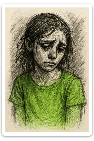 Sad girl wearing a bright green parrot green t-shirt, in pencil sketch style, with an opaque background. Use verbose prompts for detailed pencil sketch style. sticker