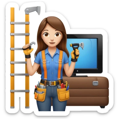 beautiful girl with long brown hair constructing new lounge room area with flat screen tv and couch sticker