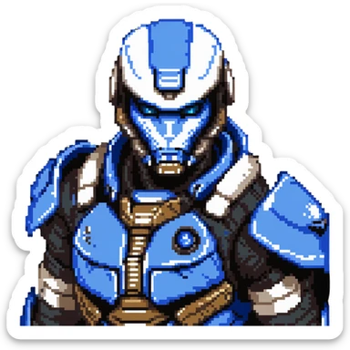 Garrus Vakarian from Mass Effect, turian with blue facial markings and targeting visor sticker