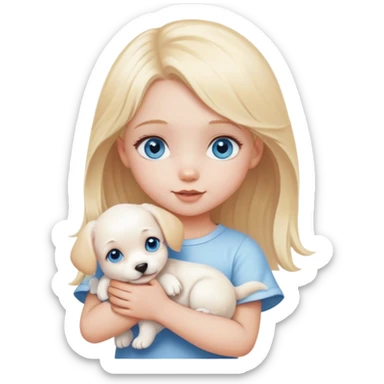 cute little girl with blonde hair and blue eyes holding cute white puppy sticker