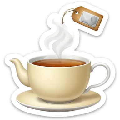 Teacup with steam rising and tea bag tag hanging over the edge sticker