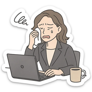 upset office worker wiping tears, open laptop, coffee mug, workplace stress visible, emotional expression sticker