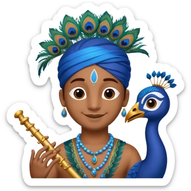 Blue Krishna and peacock feather on head with flute sticker