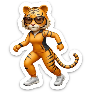 female energetic anthropomorphised tiger in sports clothes, wearing dark sunglasses, walking upright, dynamic pose sticker