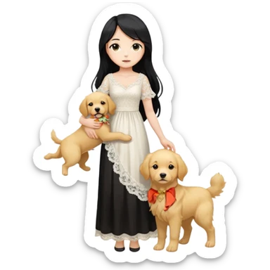 Pastel anime lady long hair with long lace dress full body holding puppy sticker