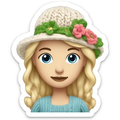 blonde woman with blue eyes knitting floral hat sticker
