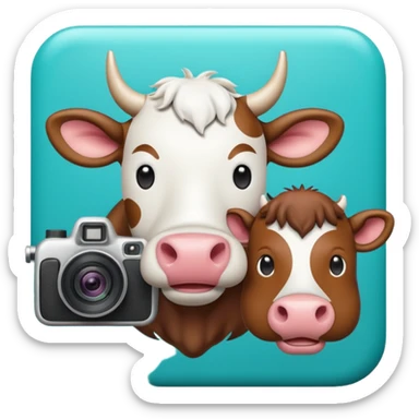 Emoji-style icon showing a cow and buffalo with a camera and image-upload symbol, representing taking a photo or selecting a file for breed detection. Simple, friendly, rounded design, clear at small sizes, teal and white accents, no text, transparent background. sticker