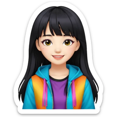 Portrait of a female K-pop idol, wearing a stylish streetwear outfit with layered colorful clothing, long hair with bangs, makeup,  sticker