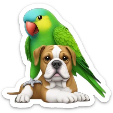 a green Parakeet sitting on a bulldog's head sticker